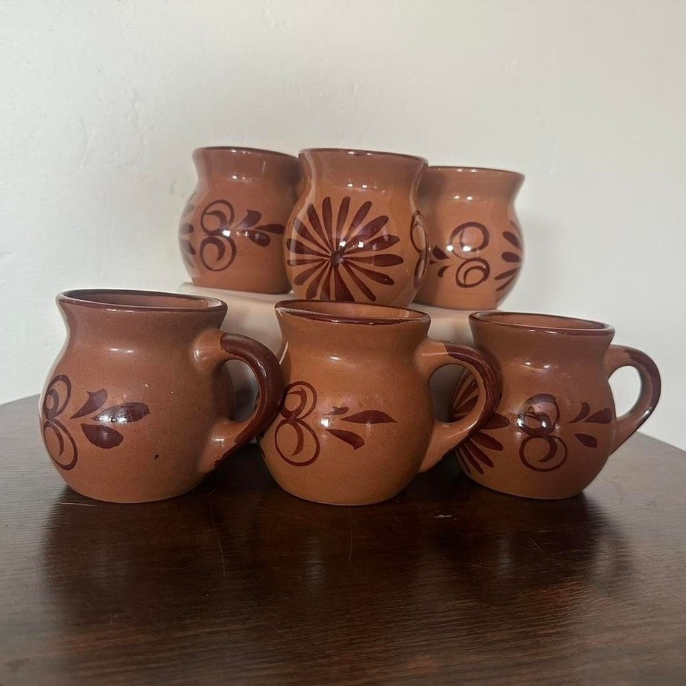 Set‎ of 6Vintage brown and orange ceramic mugs with hand painted floral designs